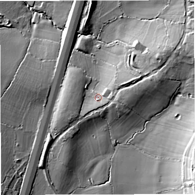 Shaded relief map of the ground around GL116BD, computed from Environment Agency LiDAR. The ground here sits at about 55 m above sea level and falls 42 m across the surrounding 800 m. Surface water reaching this point runs off ground lying to the east, 10.9 m higher.