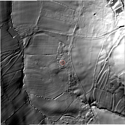 Shaded relief map of the ground around GL116DQ, computed from Environment Agency LiDAR. The ground here sits at about 56 m above sea level and falls 74 m across the surrounding 800 m. Surface water reaching this point runs off ground lying to the east, 56.8 m higher.