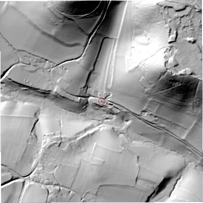 Shaded relief map of the ground around GL116ED, computed from Environment Agency LiDAR. The ground here sits at about 75 m above sea level and falls 130 m across the surrounding 800 m. Surface water reaching this point runs off ground lying to the north-east, 67.8 m higher.