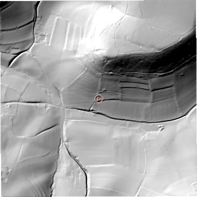 Shaded relief map of the ground around GL116EF, computed from Environment Agency LiDAR. The ground here sits at about 98 m above sea level and falls 121 m across the surrounding 800 m. Surface water reaching this point runs off ground lying to the north-north-east, 84.3 m higher.