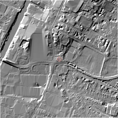 Shaded relief map of the ground around GL11AN, computed from Environment Agency LiDAR. The ground here sits at about 13 m above sea level and falls 10 m across the surrounding 800 m. Surface water reaching this point runs off ground lying to the north-north-east, 0.6 m higher.