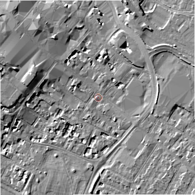 Shaded relief map of the ground around GL11AQ, computed from Environment Agency LiDAR. The ground here sits at about 16 m above sea level and falls 9 m across the surrounding 800 m. Surface water reaching this point runs off ground lying to the west-north-west, 5.0 m higher.