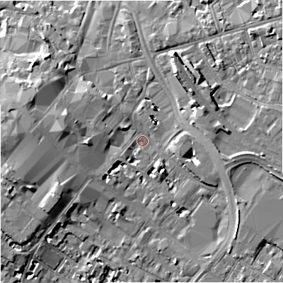 Shaded relief map of the ground around GL11DH, computed from Environment Agency LiDAR. The ground here sits at about 16 m above sea level and falls 10 m across the surrounding 800 m. Surface water reaching this point runs off ground lying to the west, 6.2 m higher.