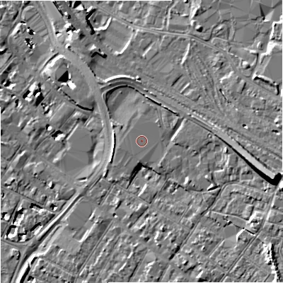 Shaded relief map of the ground around GL11DS, computed from Environment Agency LiDAR. The ground here sits at about 18 m above sea level and falls 13 m across the surrounding 800 m. The ground contributing surface water to this point lies to the south-south-west.