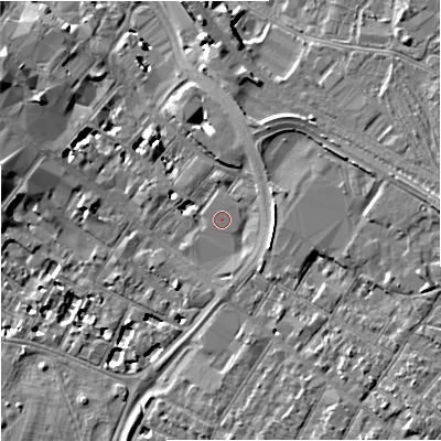 Shaded relief map of the ground around GL11DT, computed from Environment Agency LiDAR. The ground here sits at about 16 m above sea level and falls 7 m across the surrounding 800 m. The ground contributing surface water to this point lies to the north-east.