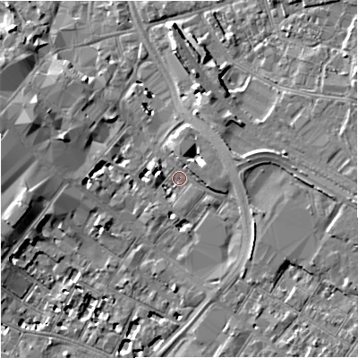 Shaded relief map of the ground around GL11EN, computed from Environment Agency LiDAR. The ground here sits at about 16 m above sea level and falls 8 m across the surrounding 800 m. Surface water reaching this point runs off ground lying to the east, 4.7 m higher.