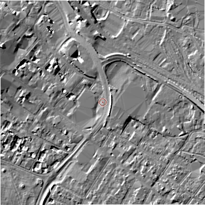 Shaded relief map of the ground around GL11EP, computed from Environment Agency LiDAR. The ground here sits at about 16 m above sea level and falls 9 m across the surrounding 800 m. Surface water reaching this point runs off ground lying to the east, 3.1 m higher.