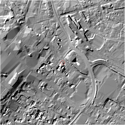 Shaded relief map of the ground around GL11EQ, computed from Environment Agency LiDAR. The ground here sits at about 16 m above sea level and falls 8 m across the surrounding 800 m. Surface water reaching this point runs off ground lying to the east-south-east, 4.7 m higher.