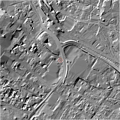 Shaded relief map of the ground around GL11EW, computed from Environment Agency LiDAR. The ground here sits at about 17 m above sea level and falls 9 m across the surrounding 800 m. Surface water reaching this point runs off ground lying to the east, 3.4 m higher.