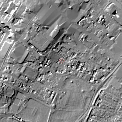 Shaded relief map of the ground around GL11HX, computed from Environment Agency LiDAR. The ground here sits at about 15 m above sea level and falls 11 m across the surrounding 800 m. Surface water reaching this point runs off ground lying to the north, 6.8 m higher.