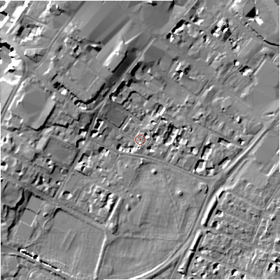 Shaded relief map of the ground around GL11HZ, computed from Environment Agency LiDAR. The ground here sits at about 15 m above sea level and falls 11 m across the surrounding 800 m. Surface water reaching this point runs off ground lying to the north-east, 2.4 m higher.