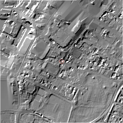 Shaded relief map of the ground around GL11JJ, computed from Environment Agency LiDAR. The ground here sits at about 14 m above sea level and falls 12 m across the surrounding 800 m. Surface water reaching this point runs off ground lying to the north, 4.5 m higher.