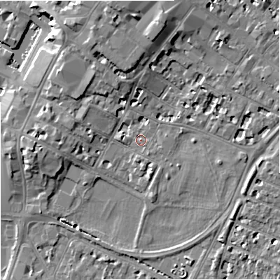 Shaded relief map of the ground around GL11LF, computed from Environment Agency LiDAR. The ground here sits at about 14 m above sea level and falls 11 m across the surrounding 800 m. Surface water reaching this point runs off ground lying to the north-east, 1.2 m higher.