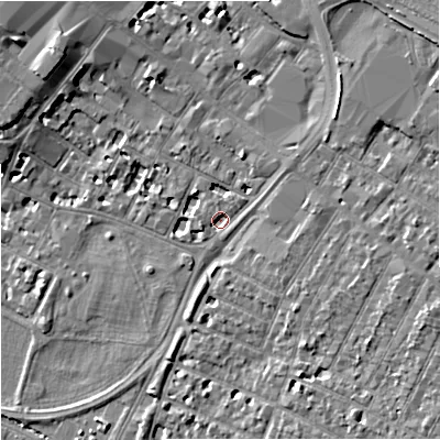 Shaded relief map of the ground around GL11LG, computed from Environment Agency LiDAR. The ground here sits at about 15 m above sea level and falls 9 m across the surrounding 800 m. Surface water reaching this point runs off ground lying to the west-south-west, 1.9 m higher.