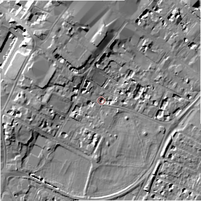 Shaded relief map of the ground around GL11LH, computed from Environment Agency LiDAR. The ground here sits at about 14 m above sea level and falls 11 m across the surrounding 800 m. Surface water reaching this point runs off ground lying to the north-north-west, 7.5 m higher.