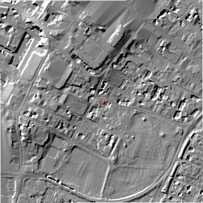 Shaded relief map of the ground around GL11LQ, computed from Environment Agency LiDAR. The ground here sits at about 14 m above sea level and falls 12 m across the surrounding 800 m. Surface water reaching this point runs off ground lying to the north-north-west, 7.6 m higher.
