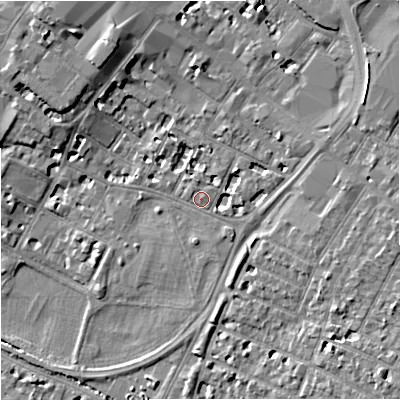 Shaded relief map of the ground around GL11LR, computed from Environment Agency LiDAR. The ground here sits at about 16 m above sea level and falls 9 m across the surrounding 800 m. Surface water reaching this point runs off ground lying to the north-east, 2.7 m higher.