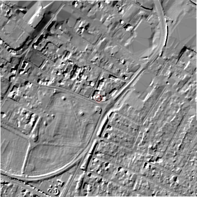 Shaded relief map of the ground around GL11LS, computed from Environment Agency LiDAR. The ground here sits at about 16 m above sea level and falls 9 m across the surrounding 800 m. Surface water reaching this point runs off ground lying to the north-east, 1.9 m higher.