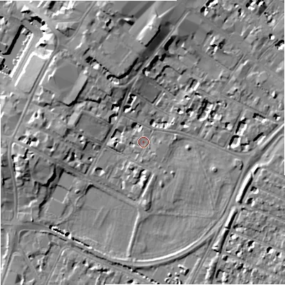 Shaded relief map of the ground around GL11LT, computed from Environment Agency LiDAR. The ground here sits at about 14 m above sea level and falls 11 m across the surrounding 800 m. Surface water reaching this point runs off ground lying to the east-south-east, 2.0 m higher.