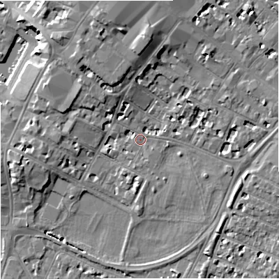 Shaded relief map of the ground around GL11LW, computed from Environment Agency LiDAR. The ground here sits at about 14 m above sea level and falls 11 m across the surrounding 800 m. Surface water reaching this point runs off ground lying to the north-north-west, 7.5 m higher.