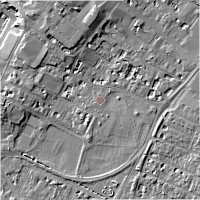 Shaded relief map of the ground around GL11LY, computed from Environment Agency LiDAR. The ground here sits at about 15 m above sea level and falls 11 m across the surrounding 800 m. Surface water reaching this point runs off ground lying to the south-south-east, 0.6 m higher.