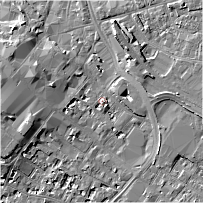 Shaded relief map of the ground around GL11NA, computed from Environment Agency LiDAR. The ground here sits at about 17 m above sea level and falls 8 m across the surrounding 800 m. Surface water reaching this point runs off ground lying to the west, 2.7 m higher.