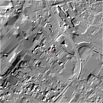 Shaded relief map of the ground around GL11NE, computed from Environment Agency LiDAR. The ground here sits at about 17 m above sea level and falls 8 m across the surrounding 800 m. Surface water reaching this point runs off ground lying to the west, 2.7 m higher.