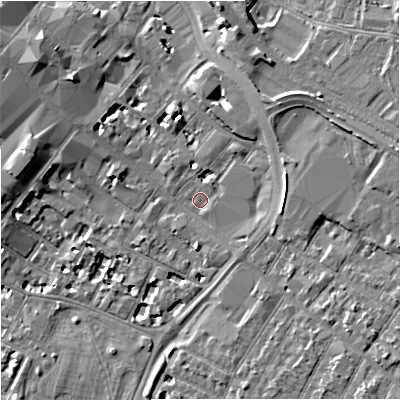 Shaded relief map of the ground around GL11PX, computed from Environment Agency LiDAR. The ground here sits at about 16 m above sea level and falls 8 m across the surrounding 800 m. Surface water reaching this point runs off ground lying to the south-east, 1.6 m higher.