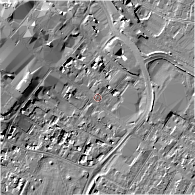 Shaded relief map of the ground around GL11PY, computed from Environment Agency LiDAR. The ground here sits at about 16 m above sea level and falls 8 m across the surrounding 800 m. Surface water reaching this point runs off ground lying to the west-north-west, 4.9 m higher.