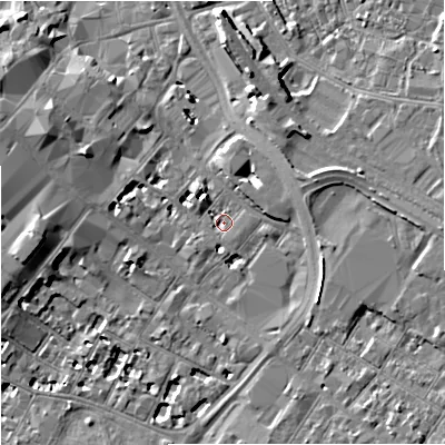 Shaded relief map of the ground around GL11QE, computed from Environment Agency LiDAR. The ground here sits at about 16 m above sea level and falls 8 m across the surrounding 800 m. Surface water reaching this point runs off ground lying to the east, 4.7 m higher.