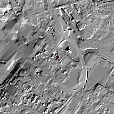 Shaded relief map of the ground around GL11QF, computed from Environment Agency LiDAR. The ground here sits at about 17 m above sea level and falls 8 m across the surrounding 800 m. Surface water reaching this point runs off ground lying to the north-north-east, 2.0 m higher.