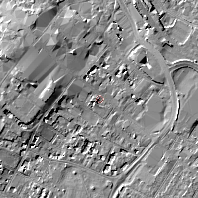 Shaded relief map of the ground around GL11QN, computed from Environment Agency LiDAR. The ground here sits at about 17 m above sea level and falls 10 m across the surrounding 800 m. Surface water reaching this point runs off ground lying to the west-north-west, 4.6 m higher.