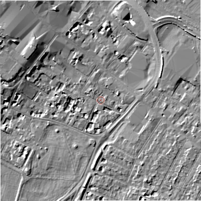 Shaded relief map of the ground around GL11QY, computed from Environment Agency LiDAR. The ground here sits at about 16 m above sea level and falls 9 m across the surrounding 800 m. Surface water reaching this point runs off ground lying to the east-north-east, 2.7 m higher.