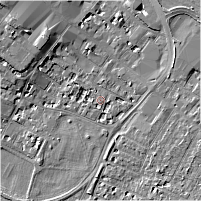 Shaded relief map of the ground around GL11QZ, computed from Environment Agency LiDAR. The ground here sits at about 16 m above sea level and falls 10 m across the surrounding 800 m. Surface water reaching this point runs off ground lying to the south-south-east, 0.5 m higher.
