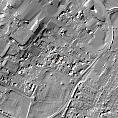 Shaded relief map of the ground around GL11RD, computed from Environment Agency LiDAR. The ground here sits at about 14 m above sea level and falls 10 m across the surrounding 800 m. Surface water reaching this point runs off ground lying to the east-north-east, 3.0 m higher.