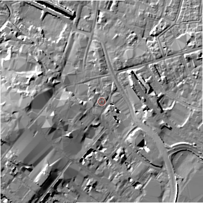 Shaded relief map of the ground around GL11RL, computed from Environment Agency LiDAR. The ground here sits at about 15 m above sea level and falls 11 m across the surrounding 800 m. Surface water reaching this point runs off ground lying to the west-south-west, 6.7 m higher.