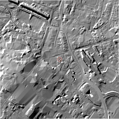 Shaded relief map of the ground around GL11SL, computed from Environment Agency LiDAR. The ground here sits at about 15 m above sea level and falls 11 m across the surrounding 800 m. Surface water reaching this point runs off ground lying to the south-west, 3.4 m higher.