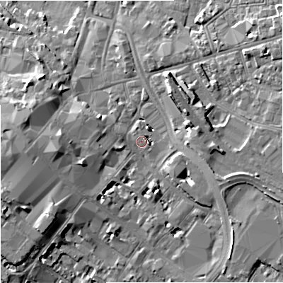 Shaded relief map of the ground around GL11SZ, computed from Environment Agency LiDAR. The ground here sits at about 16 m above sea level and falls 10 m across the surrounding 800 m. Surface water reaching this point runs off ground lying to the west, 6.2 m higher.