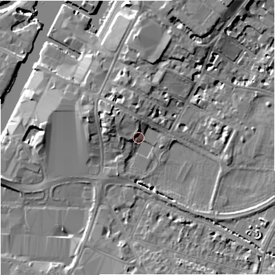 Shaded relief map of the ground around GL11UZ, computed from Environment Agency LiDAR. The ground here sits at about 13 m above sea level and falls 14 m across the surrounding 800 m. Surface water reaching this point runs off ground lying to the north-west, 3.7 m higher.