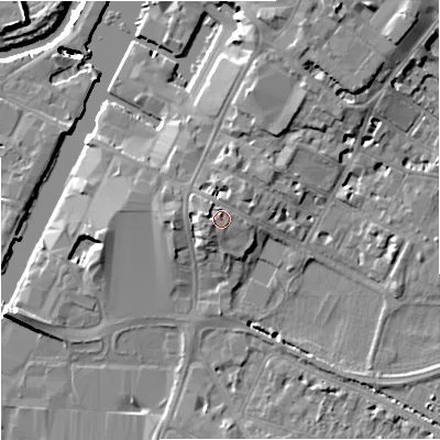 Shaded relief map of the ground around GL11XB, computed from Environment Agency LiDAR. The ground here sits at about 15 m above sea level and falls 15 m across the surrounding 800 m. Surface water reaching this point runs off ground lying to the west-north-west, 1.9 m higher.
