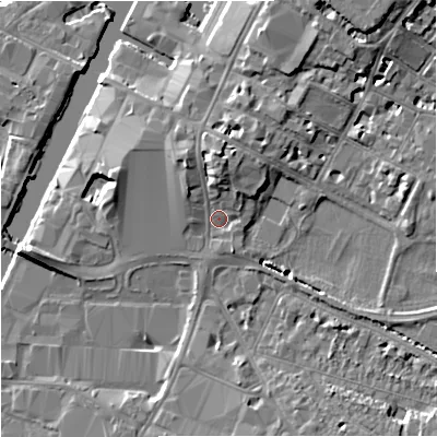Shaded relief map of the ground around GL11XE, computed from Environment Agency LiDAR. The ground here sits at about 13 m above sea level and falls 13 m across the surrounding 800 m. Surface water reaching this point runs off ground lying to the north, 3.9 m higher.