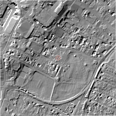 Shaded relief map of the ground around GL11XR, computed from Environment Agency LiDAR. The ground here sits at about 14 m above sea level and falls 11 m across the surrounding 800 m. Surface water reaching this point runs off ground lying to the east-south-east, 0.8 m higher.