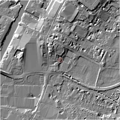 Shaded relief map of the ground around GL11YH, computed from Environment Agency LiDAR. The ground here sits at about 13 m above sea level and falls 13 m across the surrounding 800 m. Surface water reaching this point runs off ground lying to the north-north-west, 3.7 m higher.