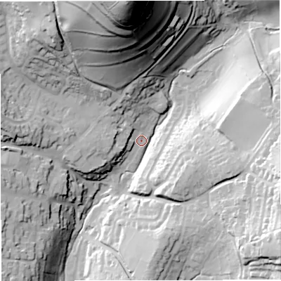 Shaded relief map of the ground around GL127EJ, computed from Environment Agency LiDAR. The ground here sits at about 69 m above sea level and falls 97 m across the surrounding 800 m. Surface water reaching this point runs off ground lying to the north, 91.7 m higher.