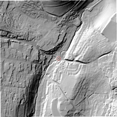 Shaded relief map of the ground around GL127HF, computed from Environment Agency LiDAR. The ground here sits at about 66 m above sea level and falls 47 m across the surrounding 800 m. Surface water reaching this point runs off ground lying to the north, 42.8 m higher.