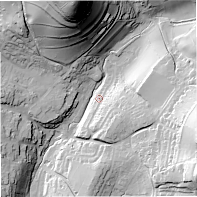 Shaded relief map of the ground around GL127JE, computed from Environment Agency LiDAR. The ground here sits at about 72 m above sea level and falls 97 m across the surrounding 800 m. Surface water reaching this point runs off ground lying to the north-north-west, 91.7 m higher.