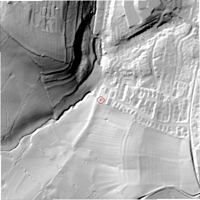 Shaded relief map of the ground around GL127LF, computed from Environment Agency LiDAR. The ground here sits at about 62 m above sea level and falls 58 m across the surrounding 800 m. Surface water reaching this point runs off ground lying to the east-south-east, 10.4 m higher.
