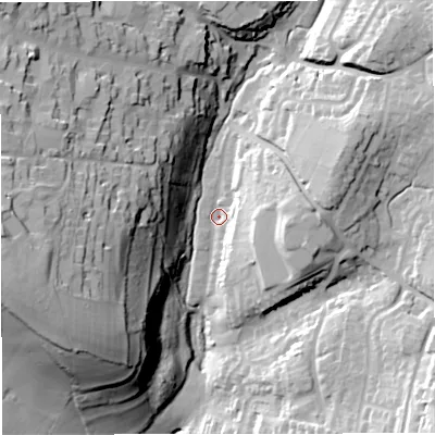 Shaded relief map of the ground around GL127LG, computed from Environment Agency LiDAR. The ground here sits at about 61 m above sea level and falls 53 m across the surrounding 800 m. Surface water reaching this point runs off ground lying to the east, 24.6 m higher.