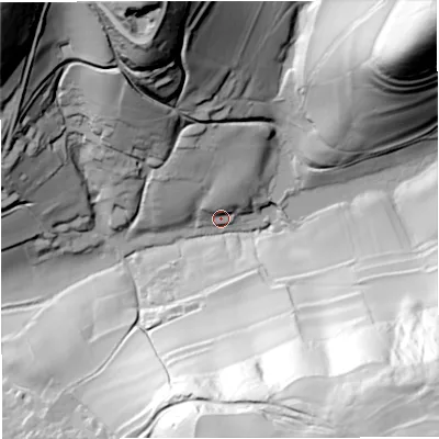 Shaded relief map of the ground around GL127NG, computed from Environment Agency LiDAR. The ground here sits at about 80 m above sea level and falls 120 m across the surrounding 800 m. Surface water reaching this point runs off ground lying to the north, 14.3 m higher.
