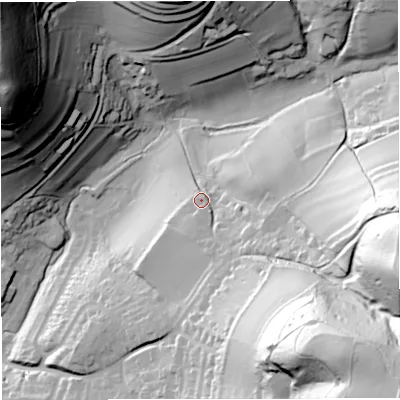 Shaded relief map of the ground around GL127NJ, computed from Environment Agency LiDAR. The ground here sits at about 88 m above sea level and falls 108 m across the surrounding 800 m. Surface water reaching this point runs off ground lying to the south, 7.1 m higher.